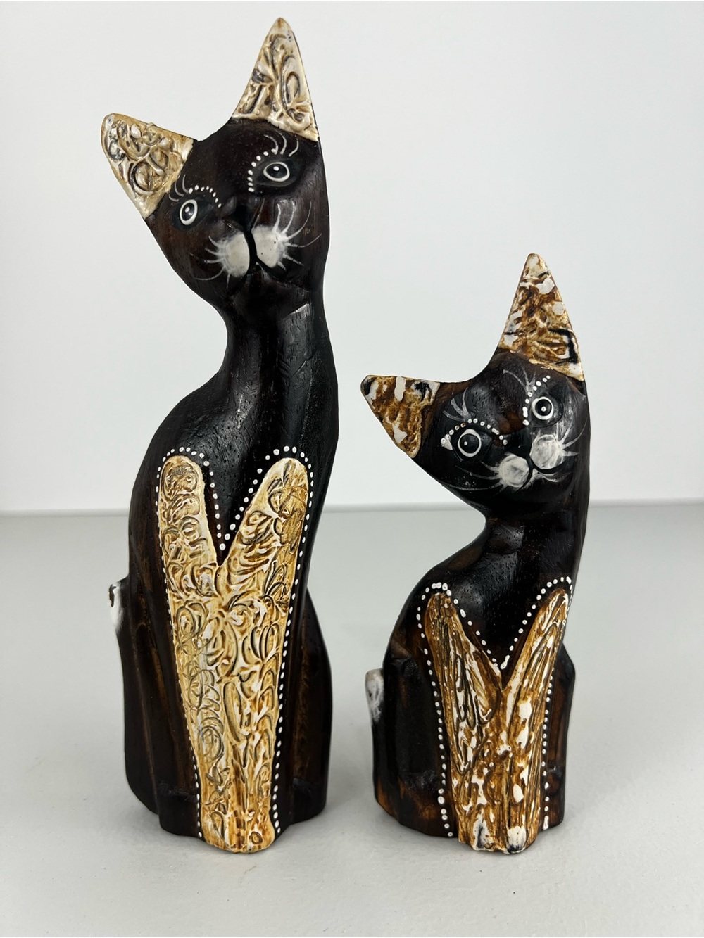 Vintage Balinese Hand-Carved Wood Cat Statues - Set of 2